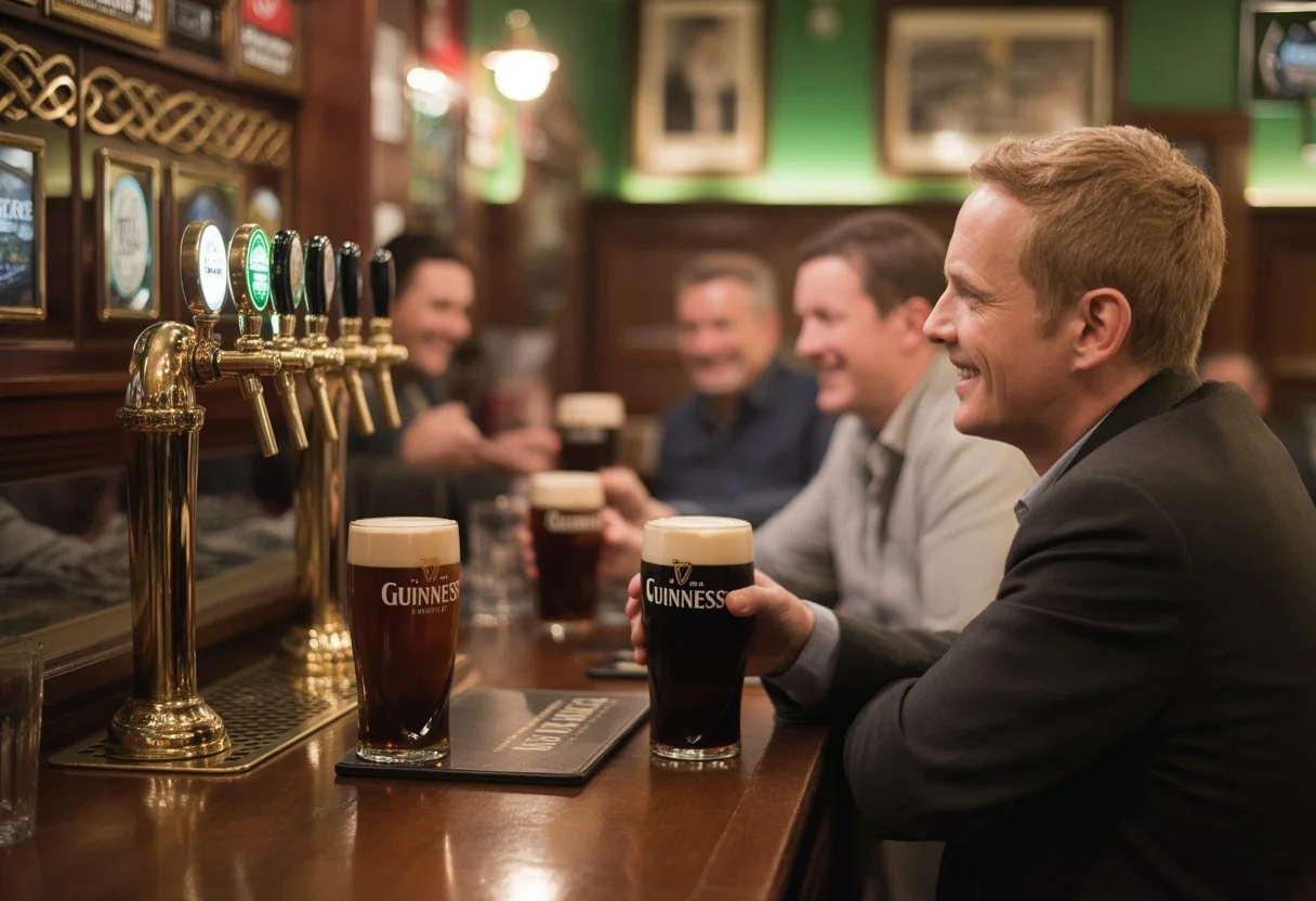 Live trad session in an Irish pub with musicians playing fiddle and bodhrán beside a crowd of locals and travellers
