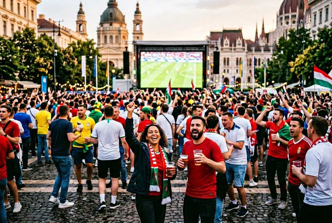 A crowd of people watching a football match on large outdoor screens in a public square in Budapest during the World Cup, with historic buildings in the background.
