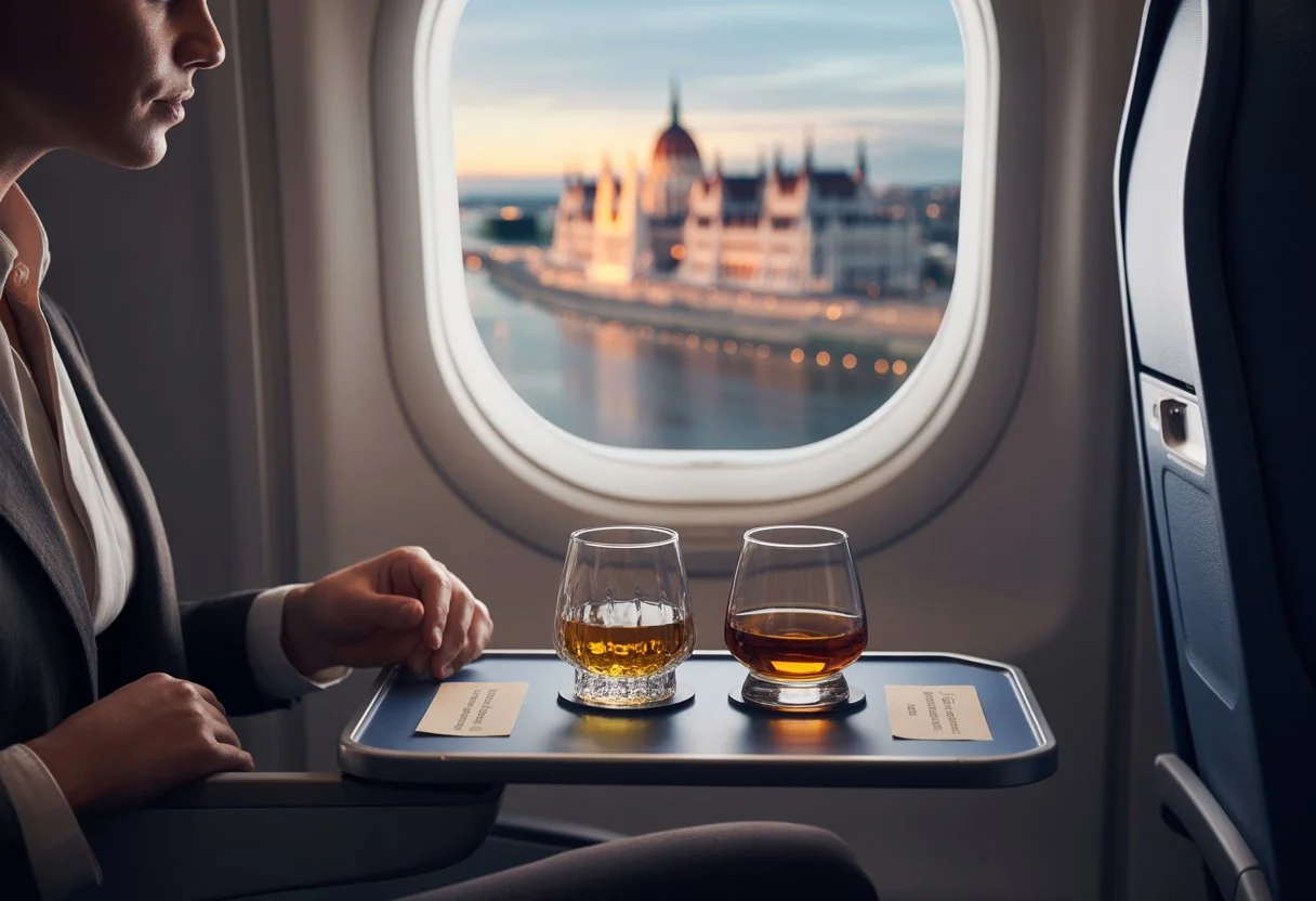 Two travellers comparing Irish whiskey and Scotch in an airport lounge before a flight to Budapest