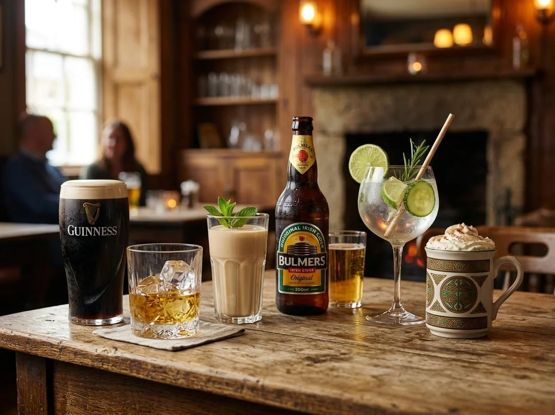 A wooden table displaying various traditional Irish drinks including a stout beer, whiskey, Irish cream, cider, a mixed cocktail and Irish coffee in a cosy pub setting