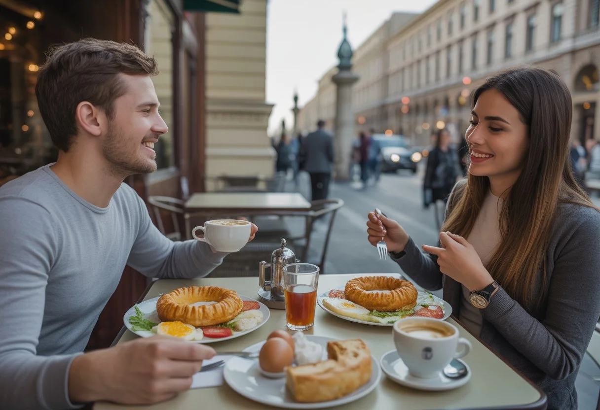 Two friends sharing a traditional Hungarian breakfast at a café in Budapest