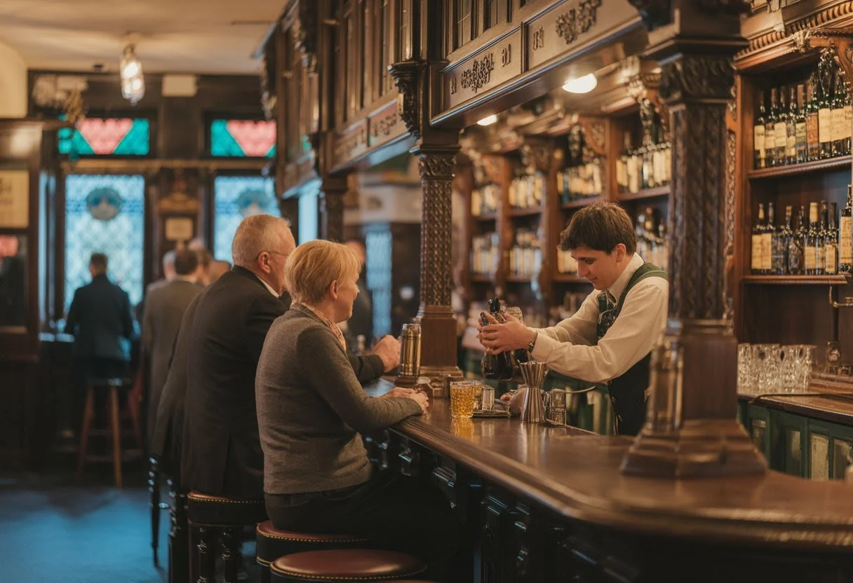 Interior of an old Irish pub with wooden furnishings, a bartender behind the bar, and people enjoying drinks in a cosy, warmly lit setting.
