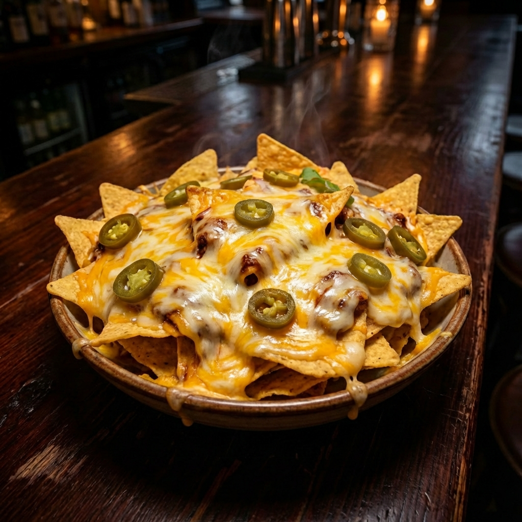 A bowl of nachos topped with melted cheese, jalapeño slices, and melted cheese, placed on a wooden bar counter.