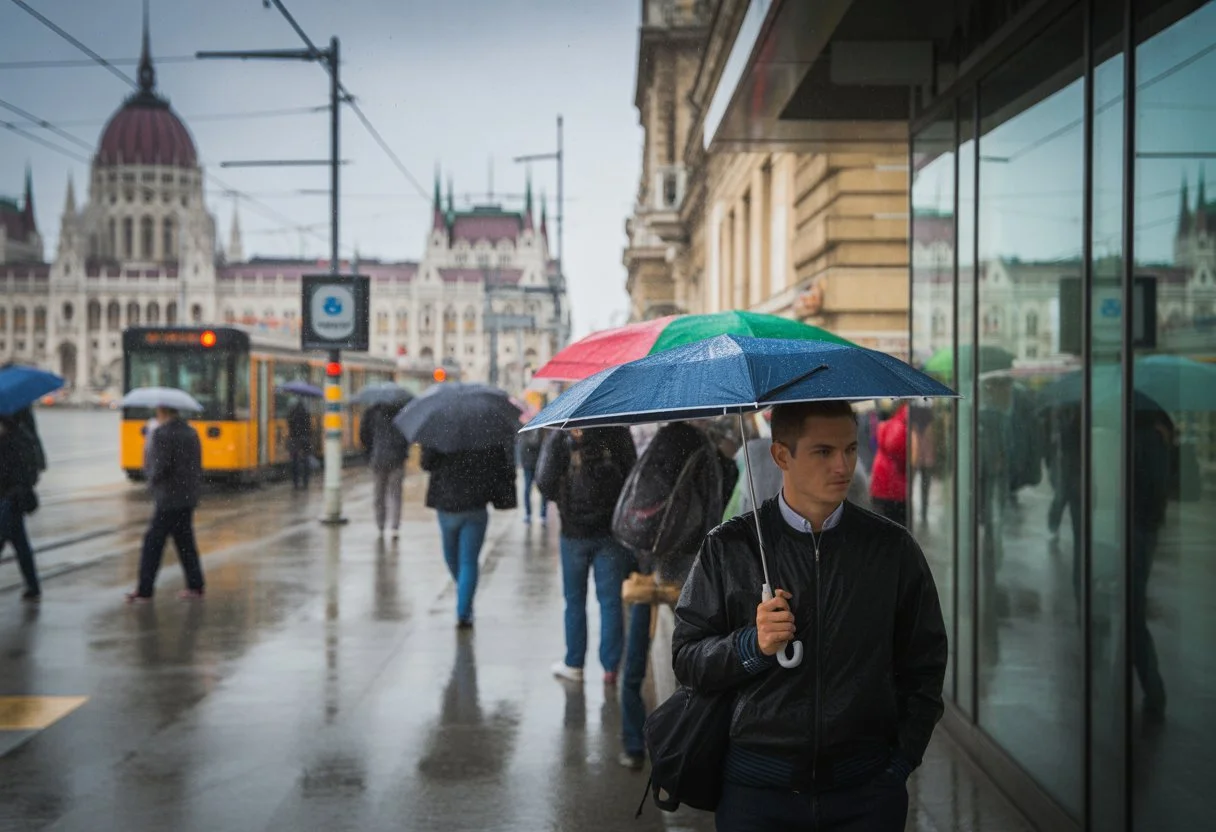 People with umbrellas walking along a rainy street in Budapest with historic buildings in the background