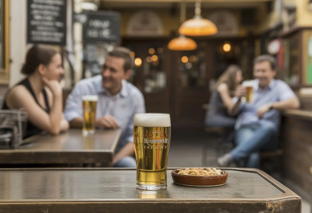 Freshly poured 0.5-litre pint of Hungarian lager on a wooden bar in a cosy Budapest pub