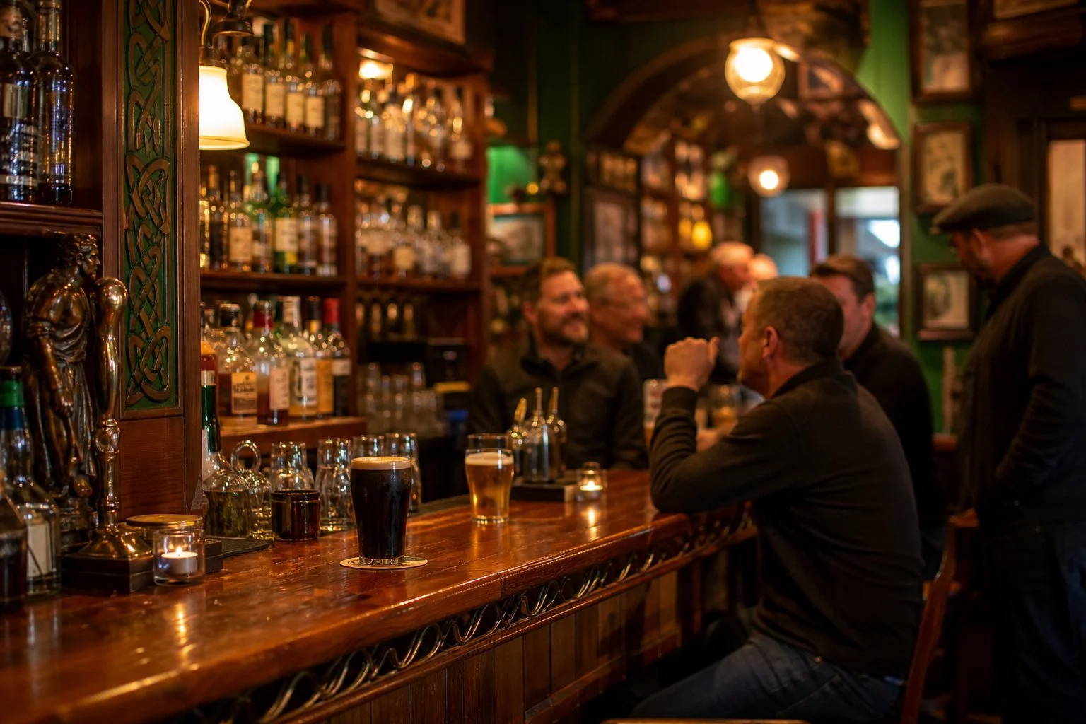 Interior of a lively Irish pub with people enjoying drinks and conversation around wooden tables and traditional decor