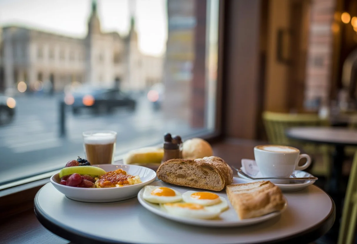 Breakfast spread of pastries, fresh bread, eggs, fruit and coffee on a café table in Budapest