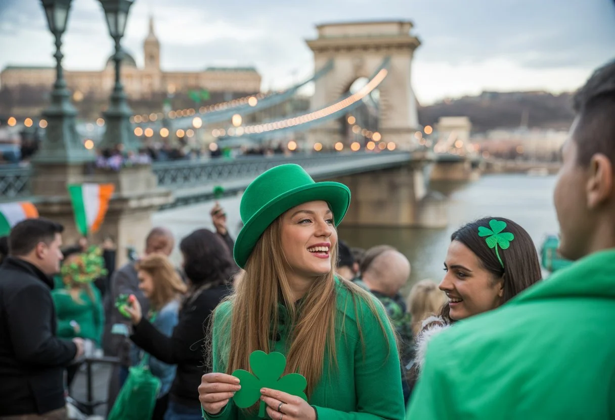 Guinness and Live Music Description: A lively Irish pub in Budapest serving Guinness and traditional Irish food during St. Patrick's Day celebrations, with live folk music and themed drinks on offer throughout the weekend.