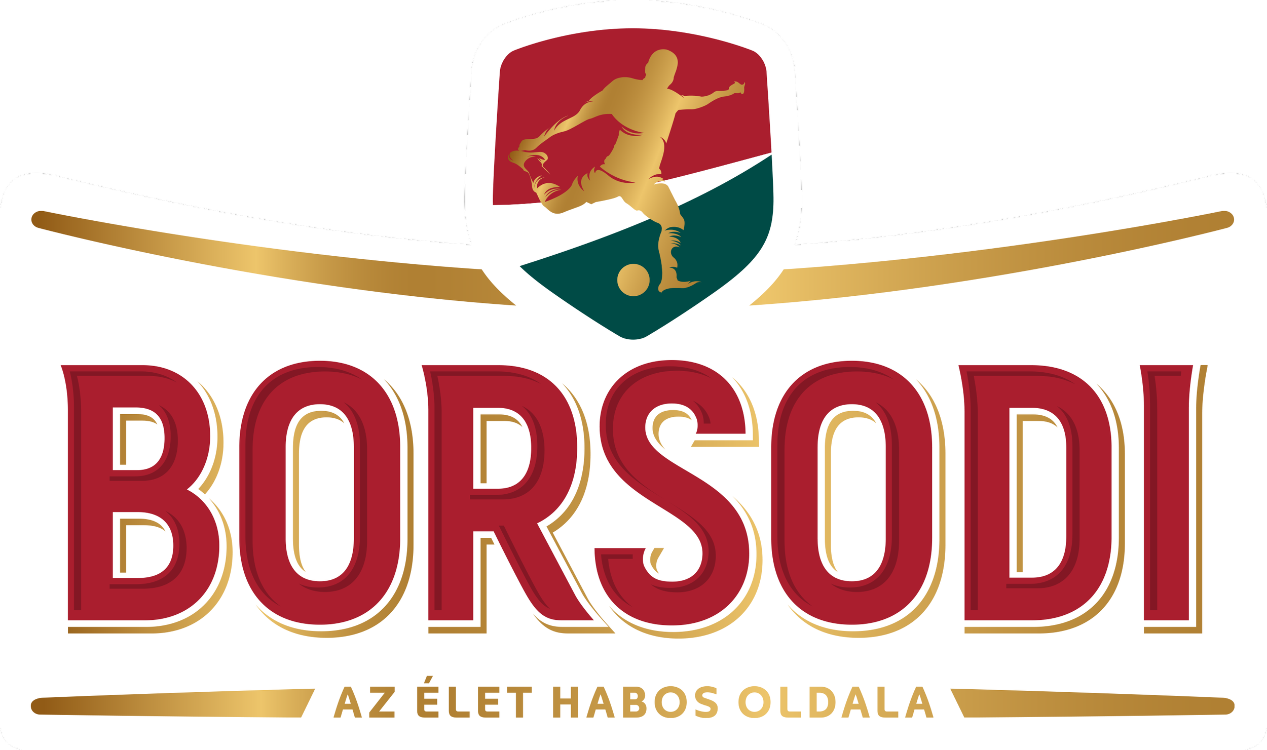 Logo with a silhouette of a soccer player kicking a ball, with the text 'BORSODI' in large red letters and a Hungarian phrase below reading 'AZ ÉLET HABOS OLDALA'.