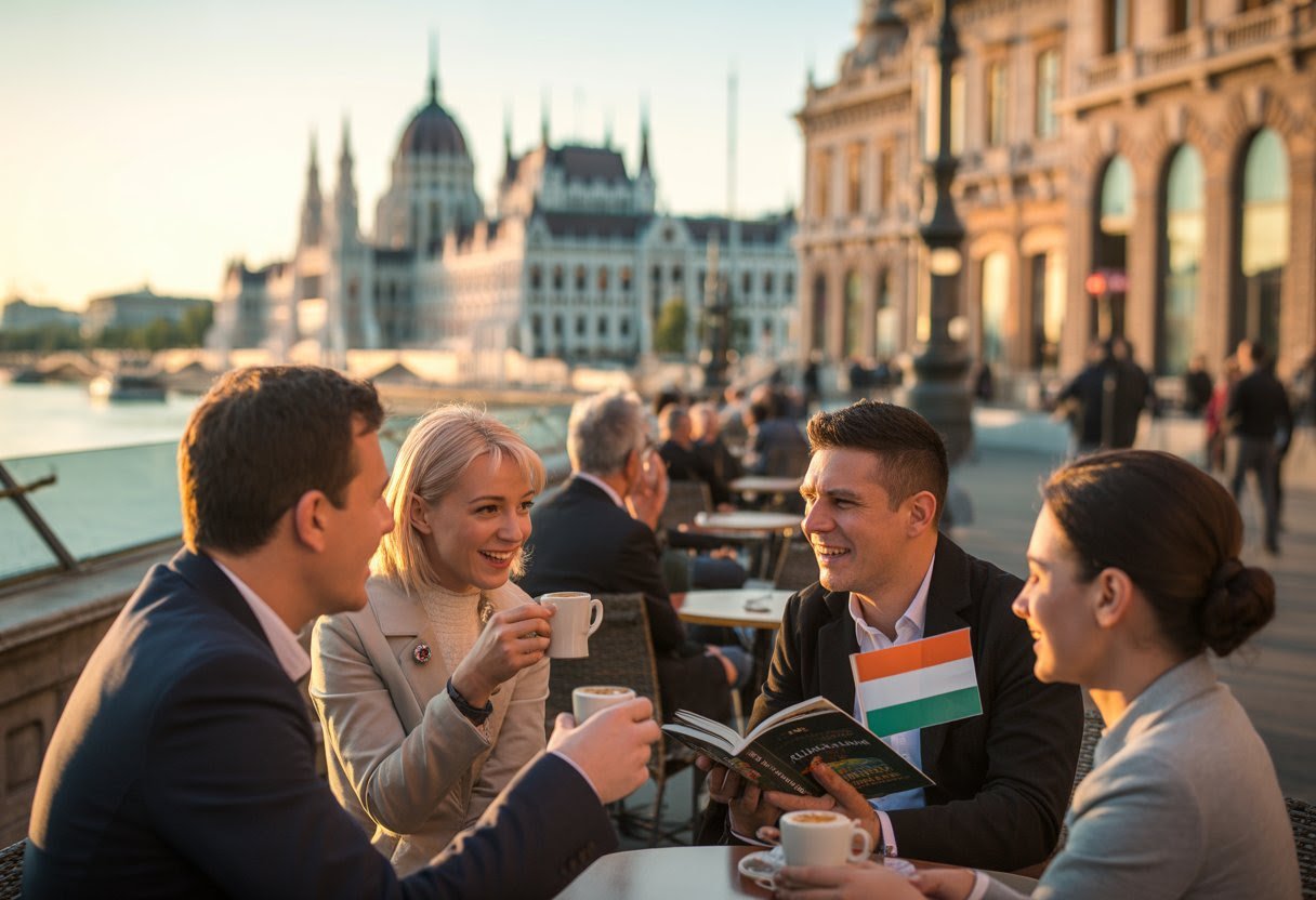 People enjoying coffee at an outdoor café near the river in Budapest with the Parliament Building visible in the background