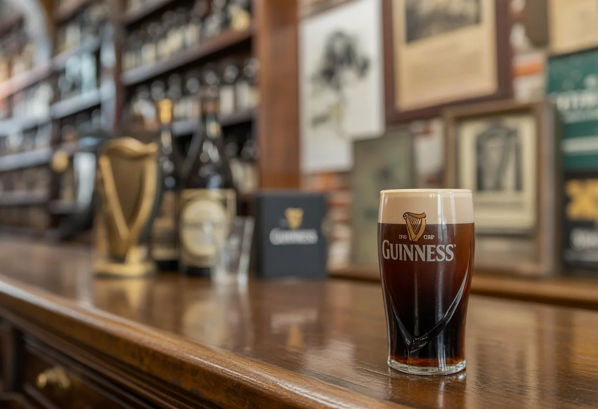 A pint of Guinness on a wooden bar counter inside a traditional Irish pub with vintage bottles and memorabilia in the background