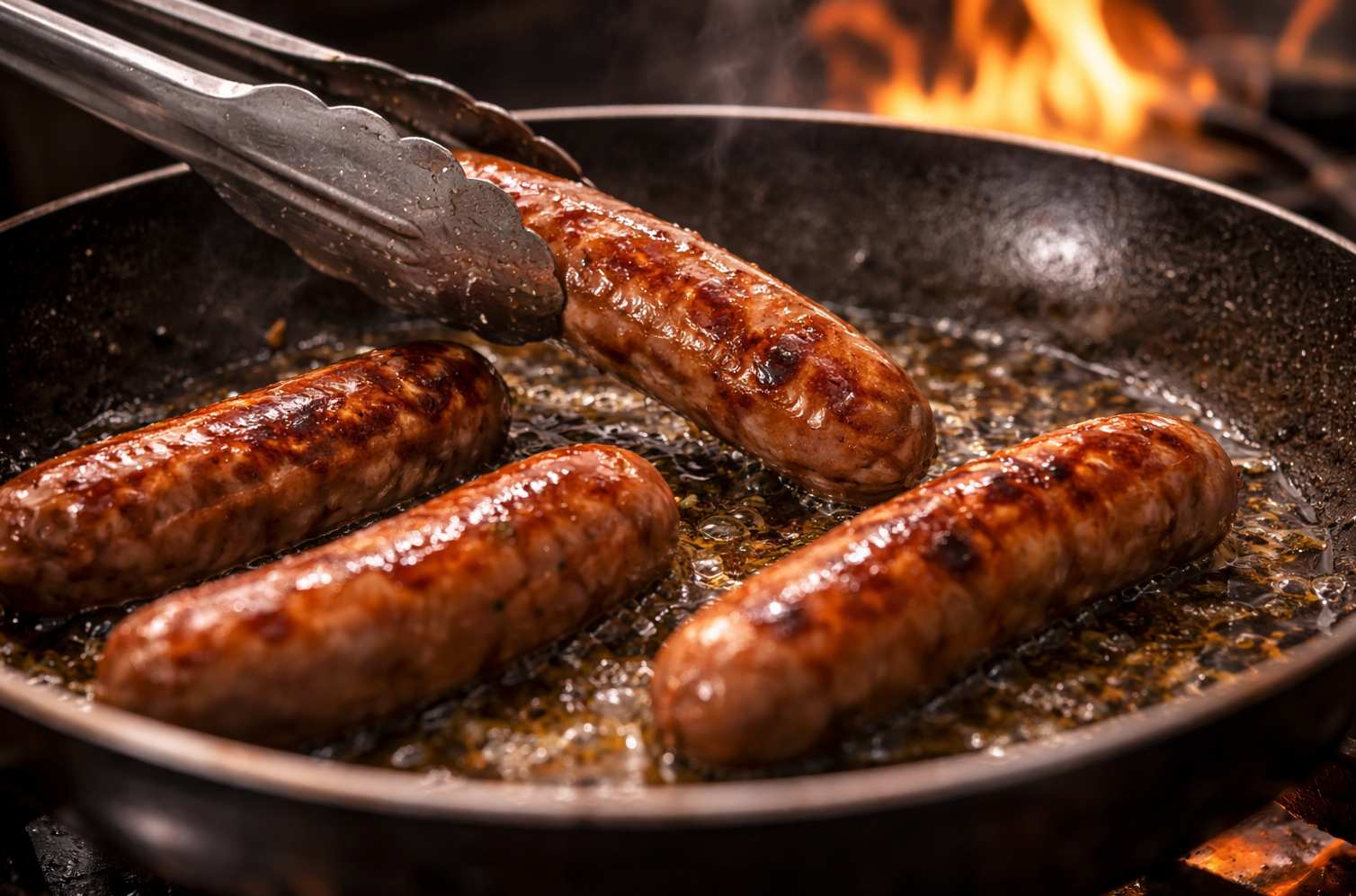 Sausages being grilled in a frying pan over an open flame.