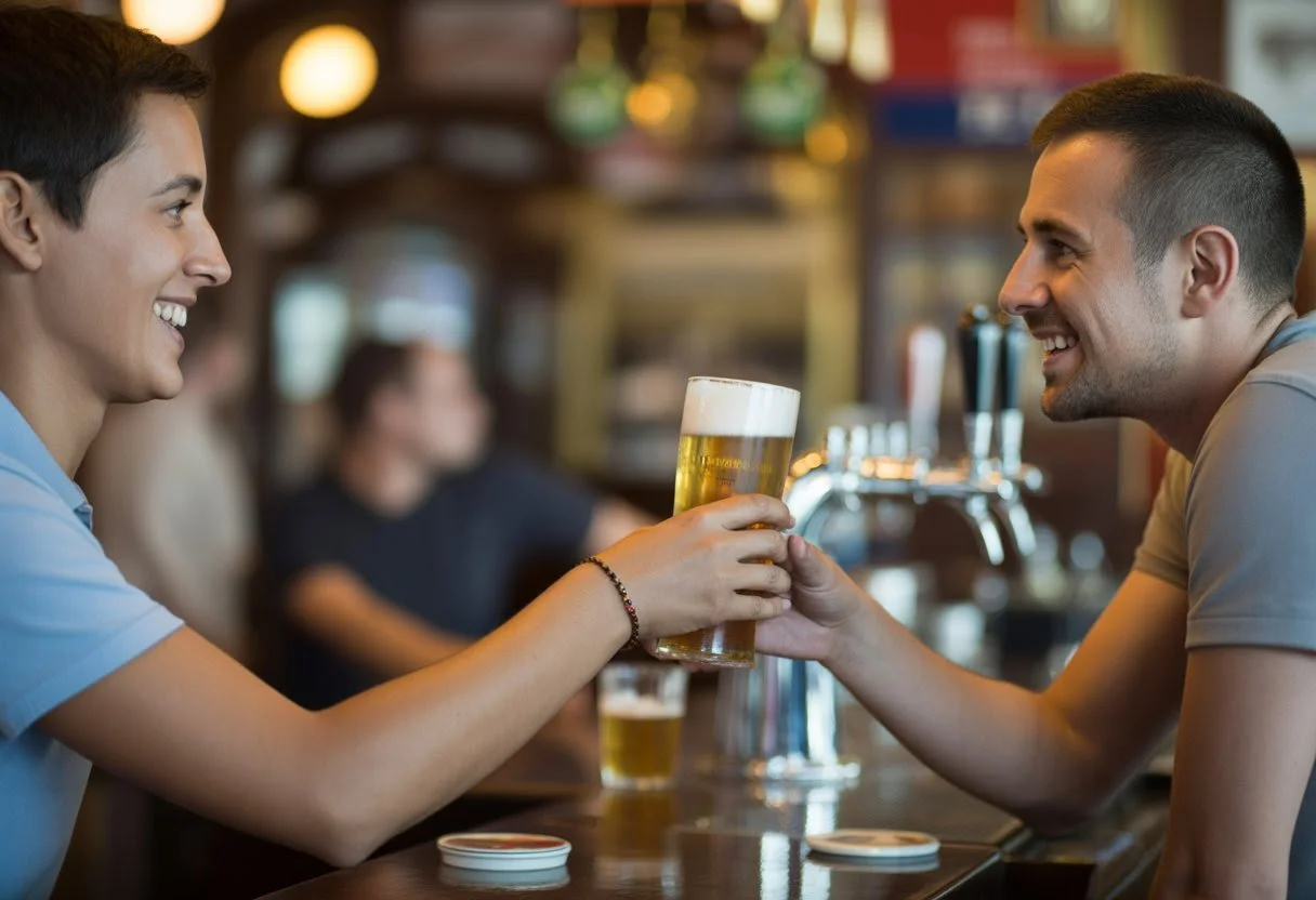 Customers ordering and receiving beer at a wooden bar in a Budapest pub