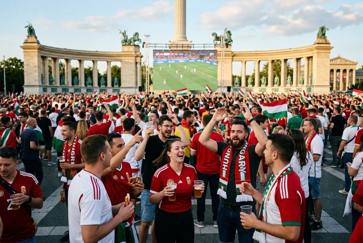People gathered in a public square in Budapest watching a football match on a large outdoor screen during the World Cup.
