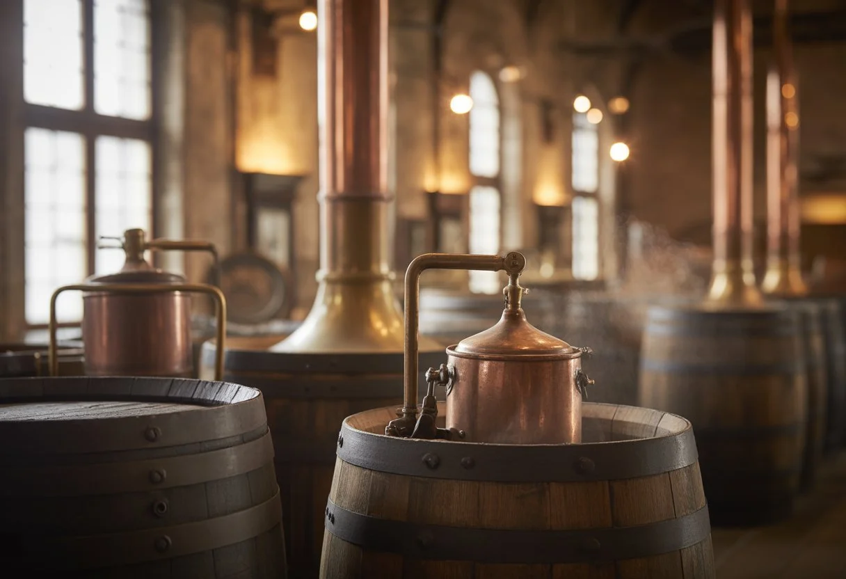 Interior of a traditional Irish brewery with vintage brewing equipment and wooden barrels bathed in warm light