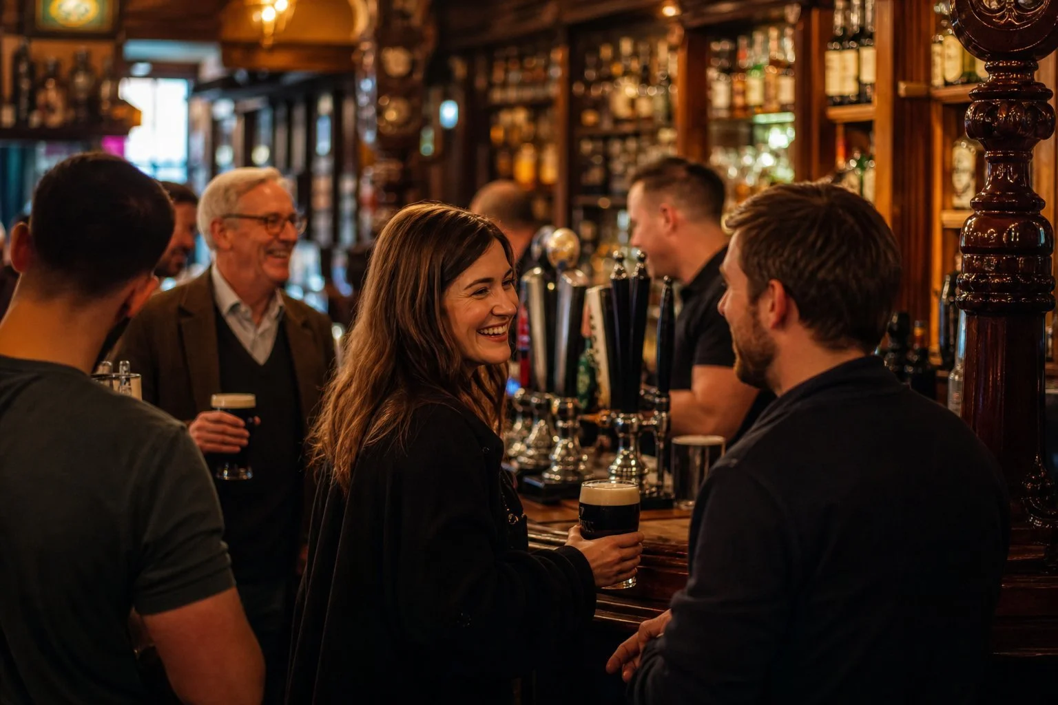 Interior of a traditional Irish bar with wooden counters, shelves of Irish whiskey bottles and patrons chatting over pints