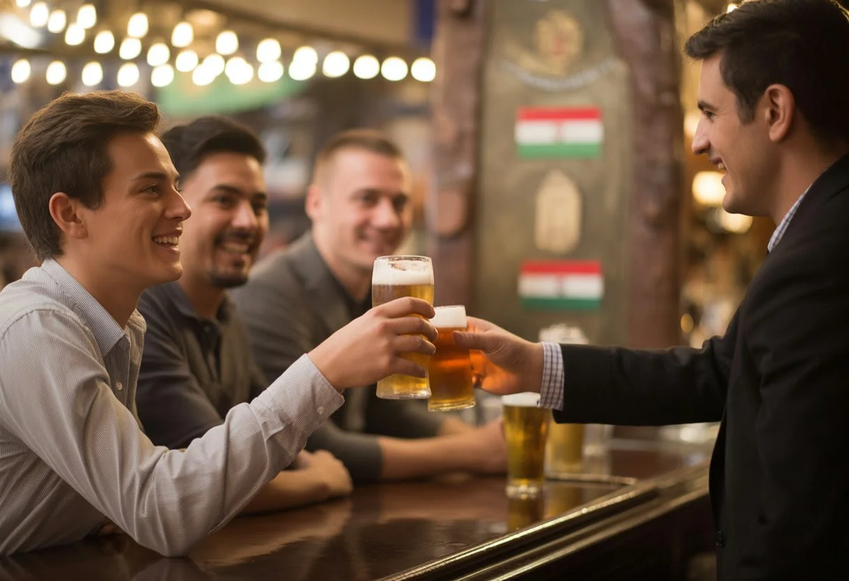 Bartender handing a glass of beer to a smiling customer in a traditional Hungarian pub