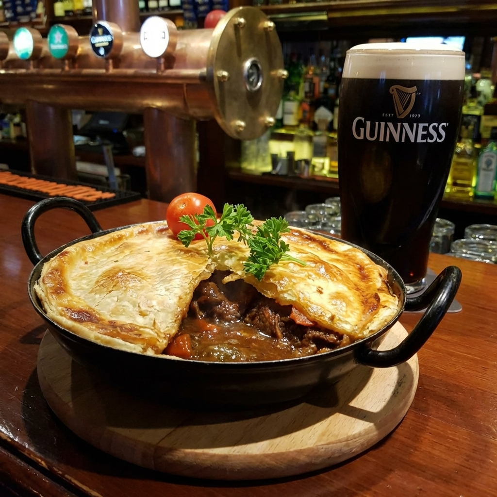 A serving of shepherd's pie with mashed potatoes topped with a cherry tomato and parsley, next to a glass of Guinness beer, on a wooden bar counter.
