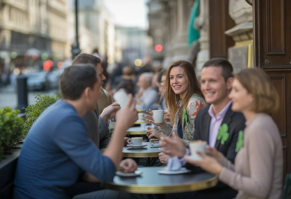 A lively outdoor café scene in Budapest with people socialising at tables with greenery and warm lighting in the background