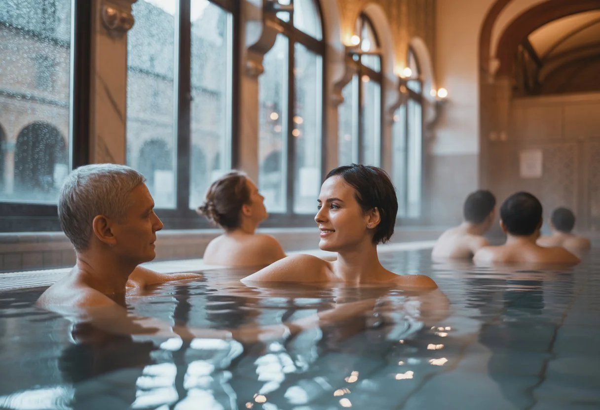 People relaxing in the warm waters of Budapest's historic thermal baths on a rainy day, surrounded by ornate stone architecture