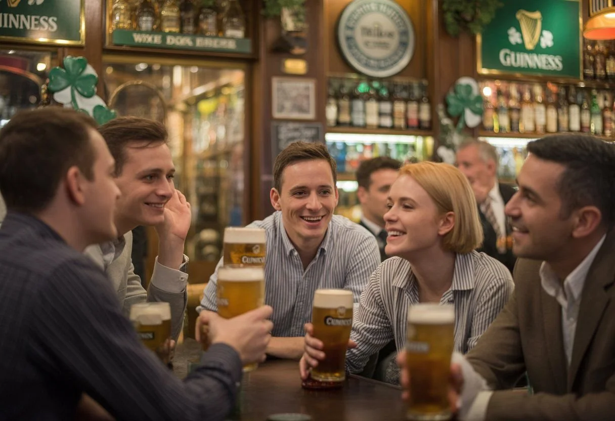 Warm Irish bar interior in Budapest with dark wood décor, cosy seating, and guests enjoying pints while live sports play.