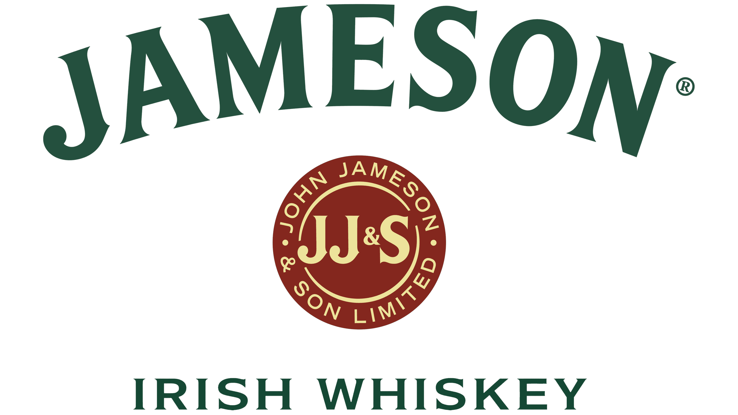 The image shows the logo of Jameson Irish Whiskey, featuring the brand name "Jameson" in large green font on the top, a circular emblem in the center with "J & S" and "John Jameson & Son Limited," and the word "Irish Whiskey" at the bottom.