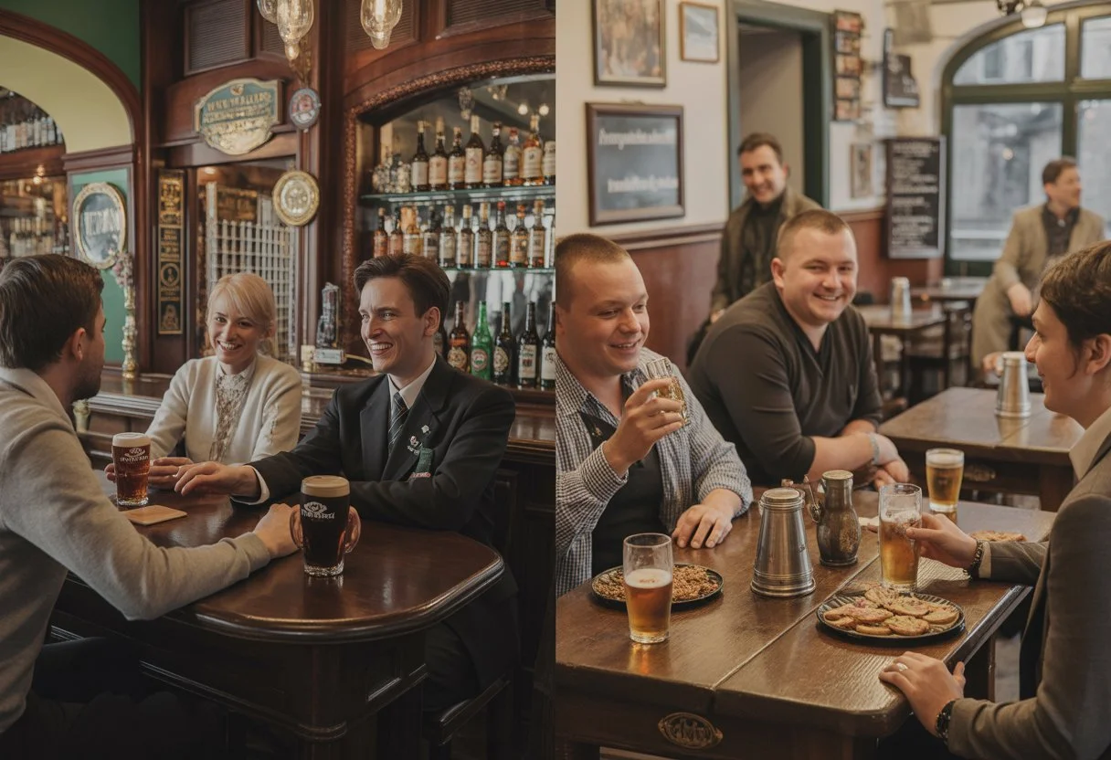 Split-screen illustration comparing a traditional Irish pub interior with pints of Guinness and a fiddler, against a Hungarian kocsma-style pub with local beer and pálinka