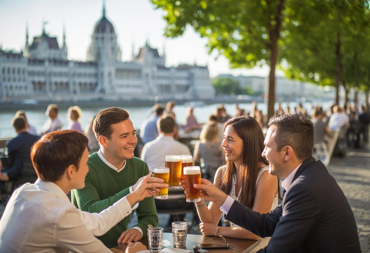 People enjoying drinks at an outdoor café near the Danube River in Budapest with the Hungarian Parliament Building lit up in the background at dusk
