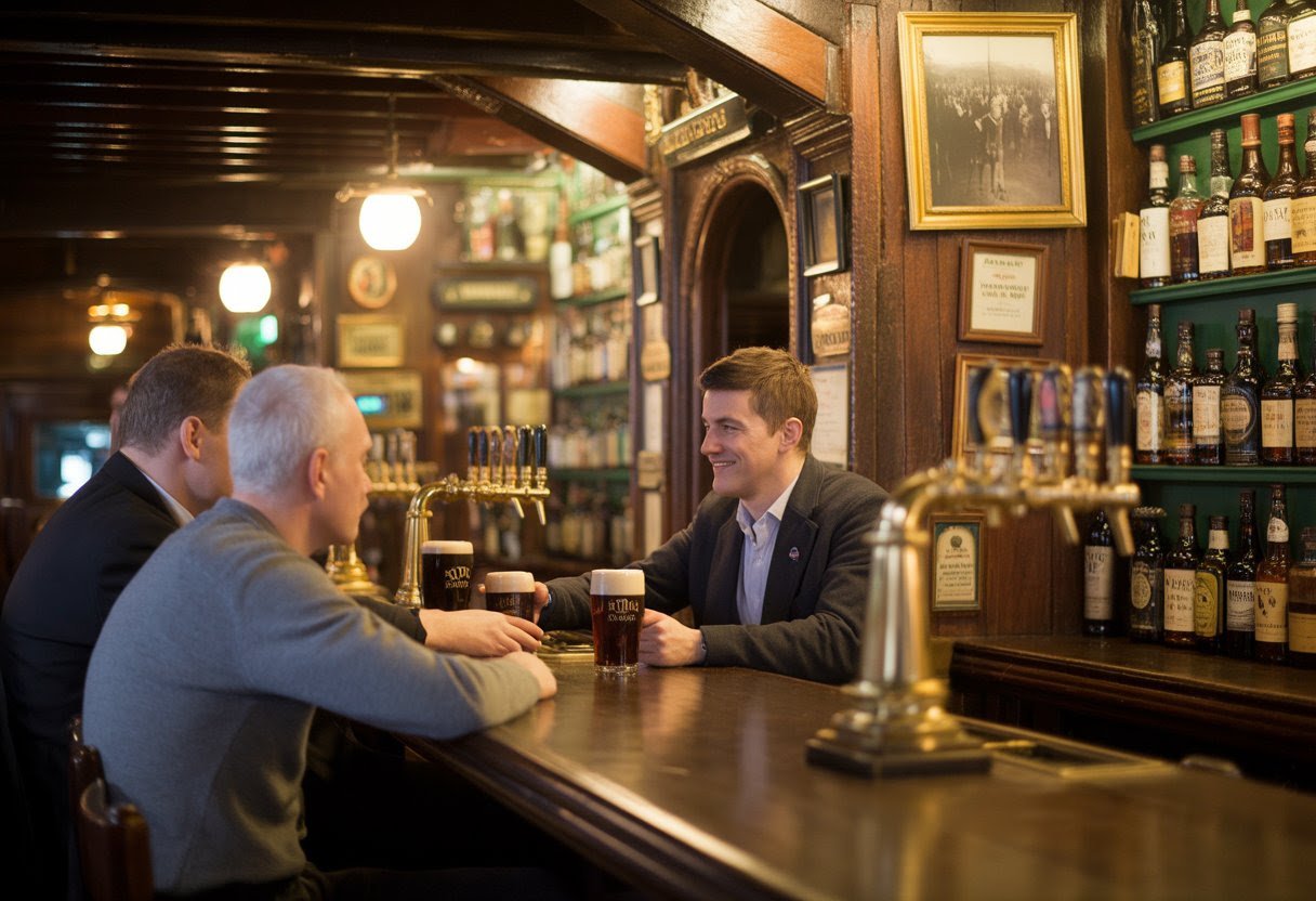 Interior of a historic Irish pub with wooden beams, stone walls, patrons drinking at the bar, and warm ambient lighting.