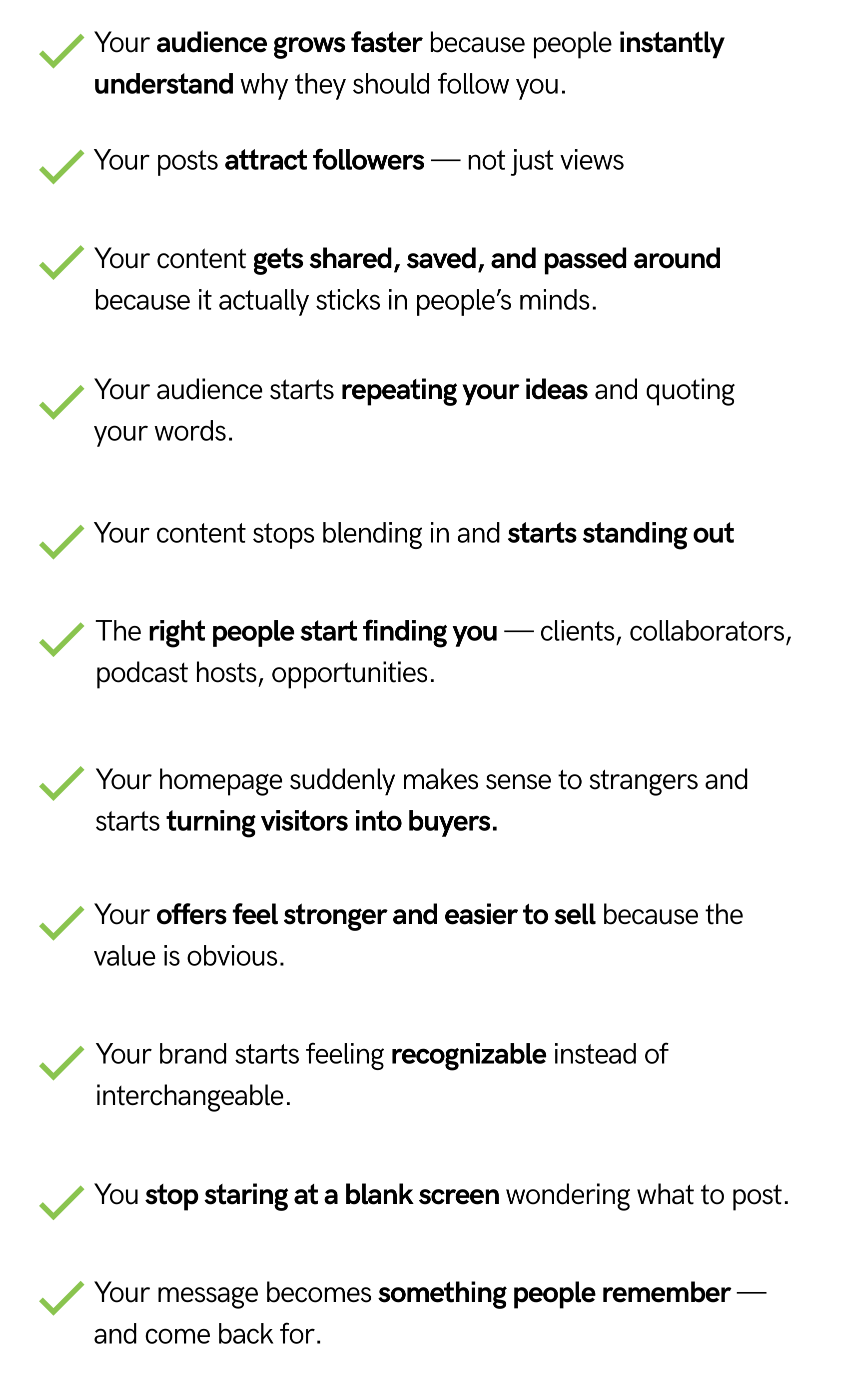 A list of tips for growing your online audience, including points about understanding your audience, attracting followers, sharing content, standing out, finding the right people, making sense of your homepage, feeling stronger branding, avoiding blank screens, and creating memorable messages, with green check marks next to each tip.