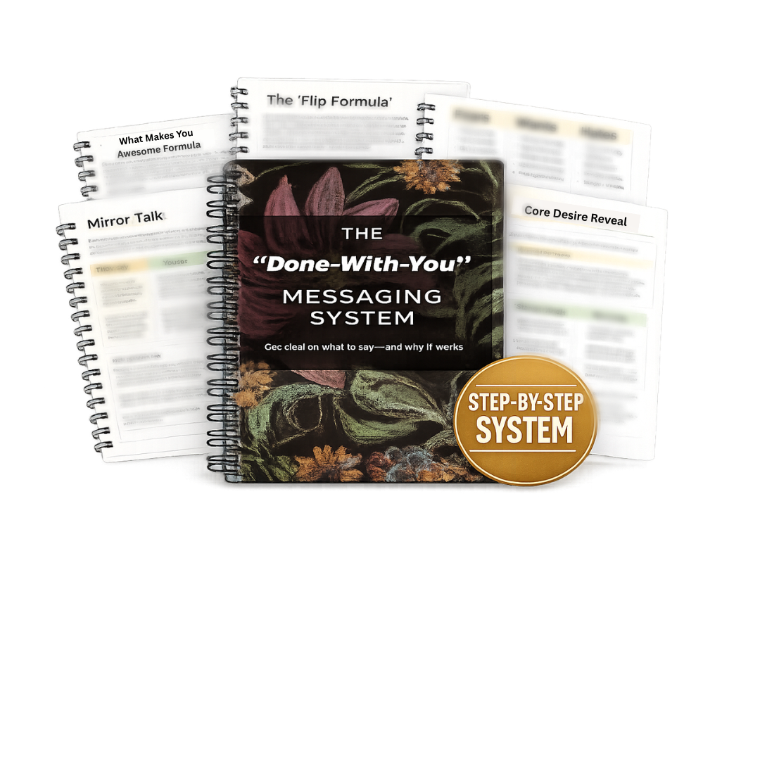 Book titled 'The Done-With-You Messaging System' with step-by-step system badge, surrounded by open spiral notebooks containing handwritten notes and tips on communication techniques.