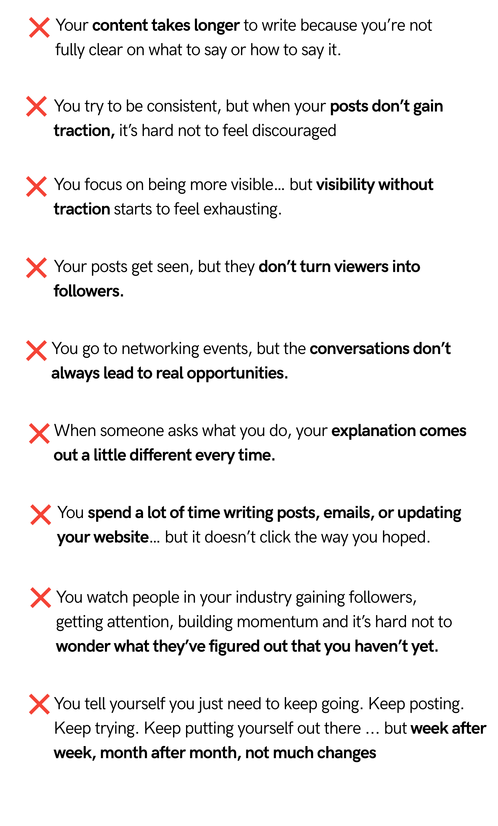 A list of social media content tips with red 'X' icons, including advice on clarity, consistency, visibility, engagement, networking, explanations, content creation, industry observation, persistence, and gradual change.