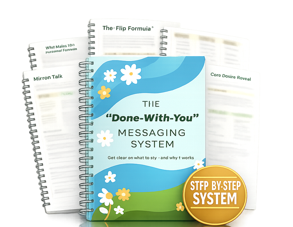Book titled 'The Done-With-You Messaging System' with a subtitle 'Get clear on what to say - and why it works,' featuring flower illustrations and a gold badge labeled 'STEP BY STEP SYSTEM,' surrounded by other open notebooks or manuals in the background.