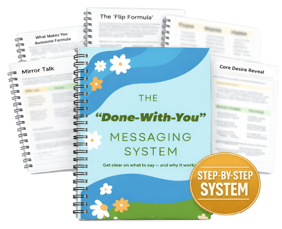 A spiral-bound book titled "The 'Done-With-You' Messaging System" with a subtitle "Get clear on what to say and why it works." The cover is blue with floral illustrations. Surrounding the book are smaller pages with titles like "Mirror Talk," "The 'Flip Formula'," "Core Desire Reveal," and others. There is a gold badge on the bottom right that reads "Step-by-Step System."
