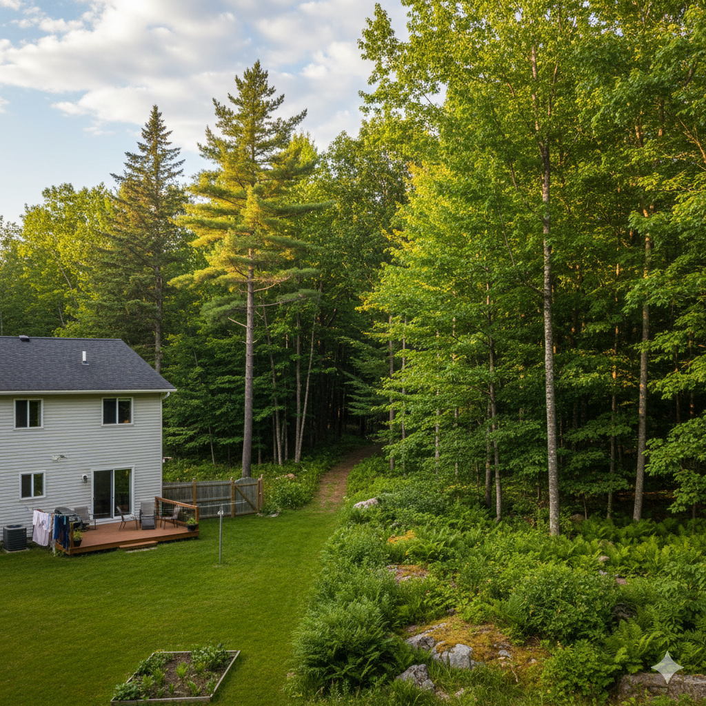 A backyard with a green lawn, a wooden deck with chairs and clothes hanging, a house on the left, and a dense forest with tall trees in the background.