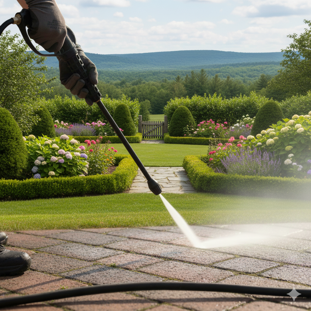 A person cleaning a brick patio with a pressure washer in a well-maintained garden with colorful flowers and trimmed bushes, and distant mountains in the background.