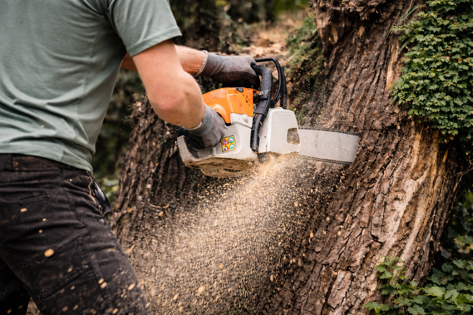 Person using a chainsaw to cut a large tree trunk.
