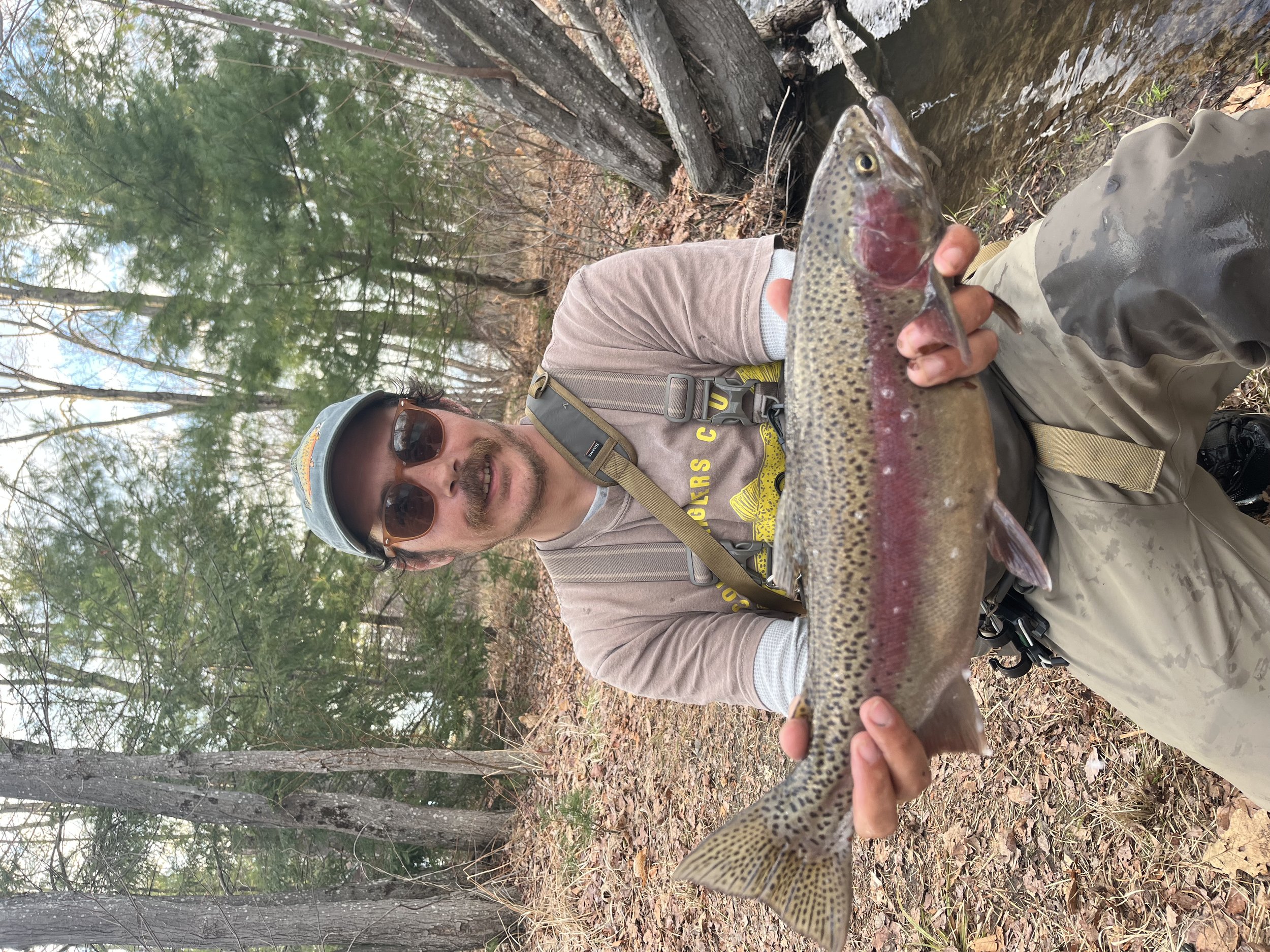 Man wearing sunglasses and a baseball cap, sitting outdoors in a wooded area, holding a large fish with both hands, showing it to the camera.