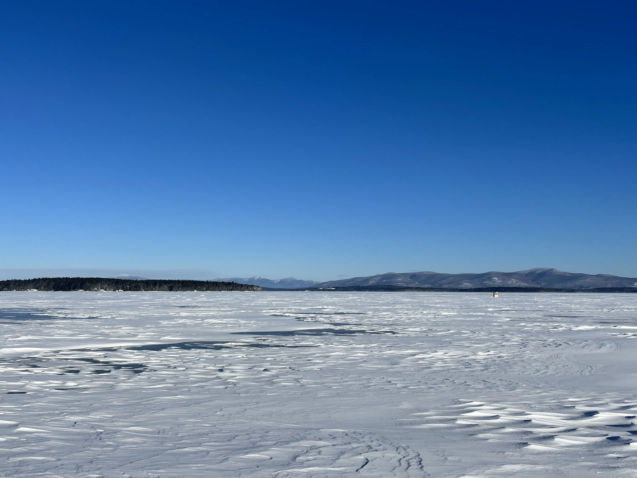 Snow-covered frozen lake with a distant shoreline of trees and mountains under a clear blue sky.