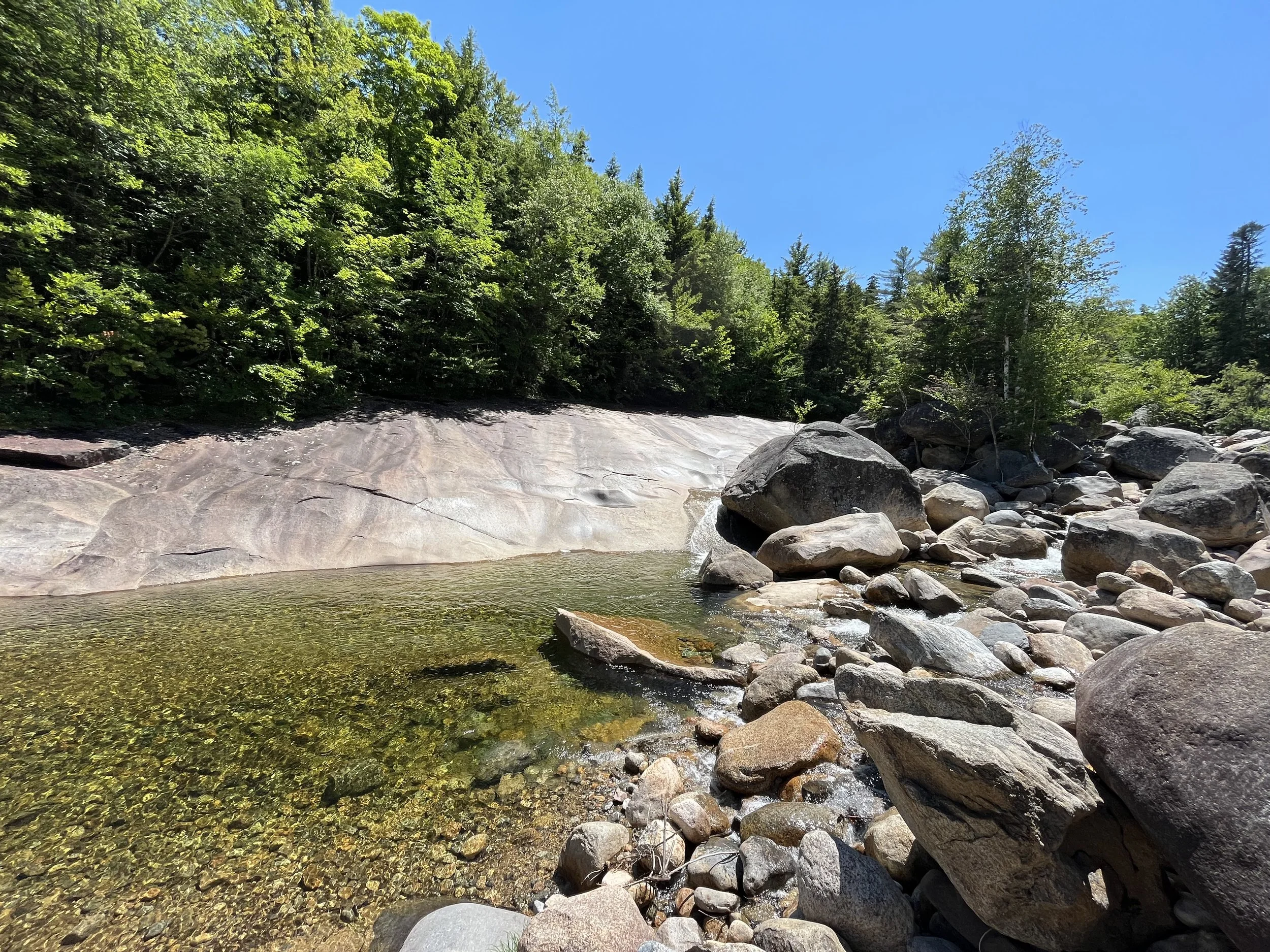 A natural scene of a rocky river with clear water flowing over stones, bordered by trees and a bright blue sky.