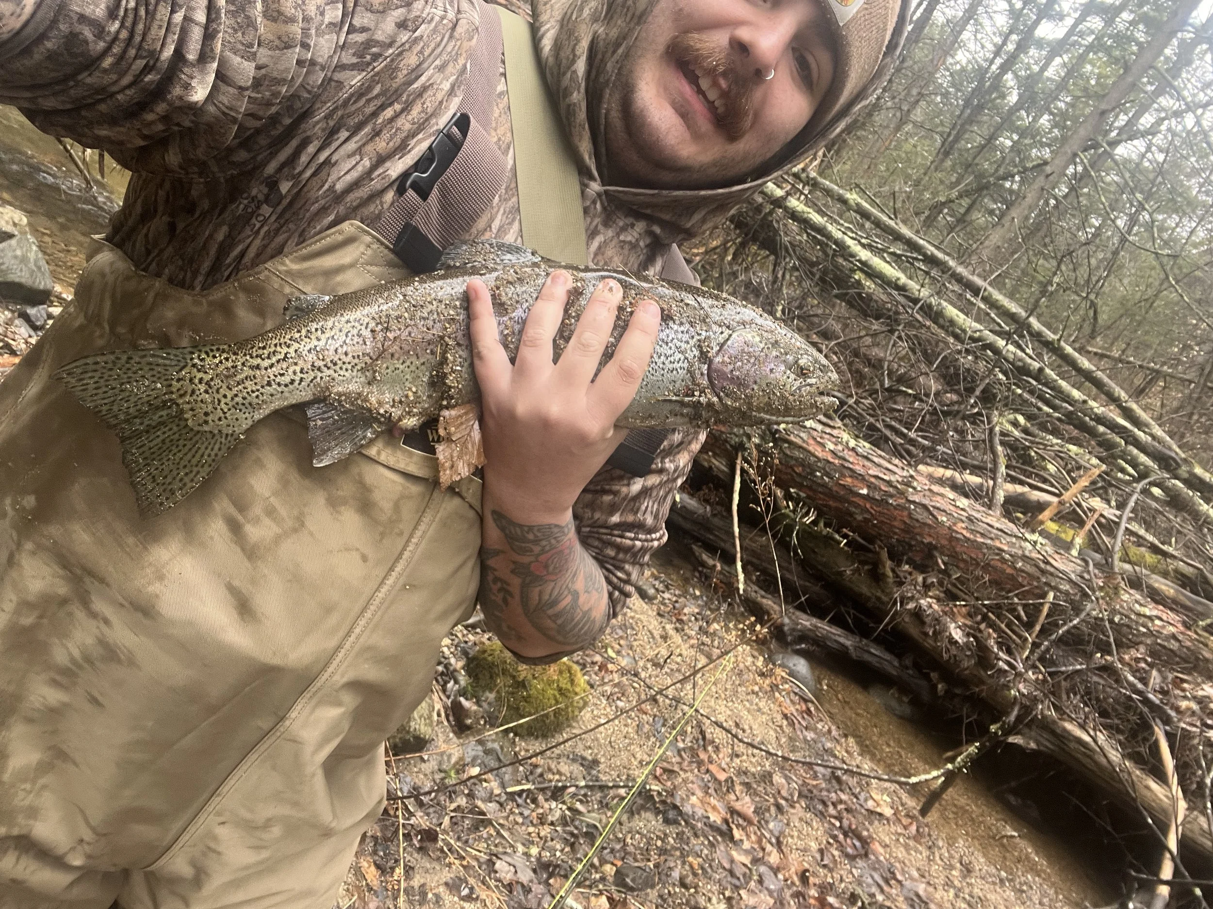 Man in camouflage clothing holding a large fish in a forested area with fallen logs and a shallow stream.