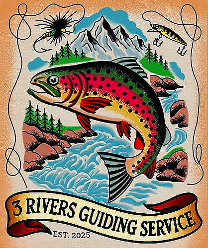 Colorful illustration of a rainbow trout jumping over a river with mountains, trees, and rocks in the background. Includes images of flies and a fishing lure, with the text "3 Rivers Guiding Service EST. 2025."