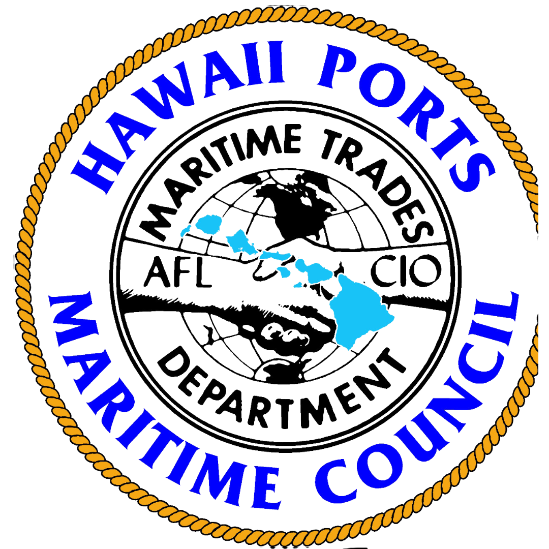 Seal of the Hawaii Ports Marine Tradees Department featuring a map of the Pacific with Hawaii in blue, surrounded by a rope border, with text in blue and black.