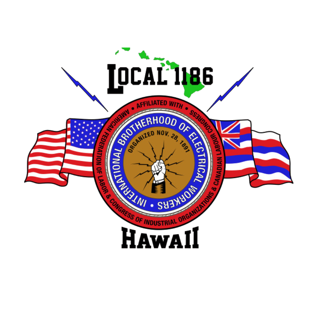Emblem of the International Brotherhood of Electrical Workers with flags of the United States and United Kingdom, and a map of Hawaii, indicating Local 186 in Hawaii.