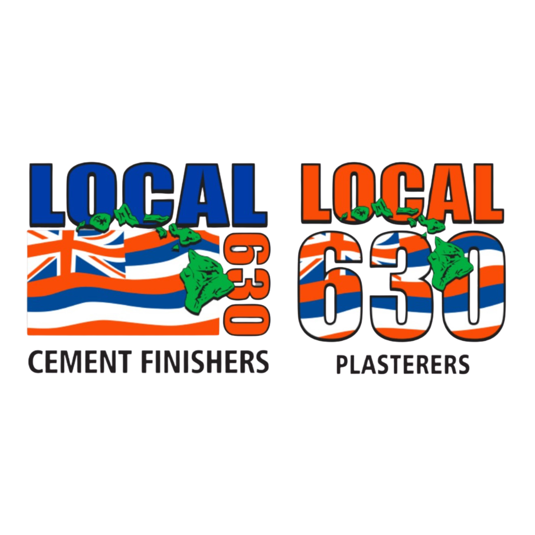 Logo with a Hawaiian flag pattern, the word "LOCAL" in blue and orange, and green Hawaii islands, with the text "CEMENT FINISHERS" and "PLASTERERS" below.
