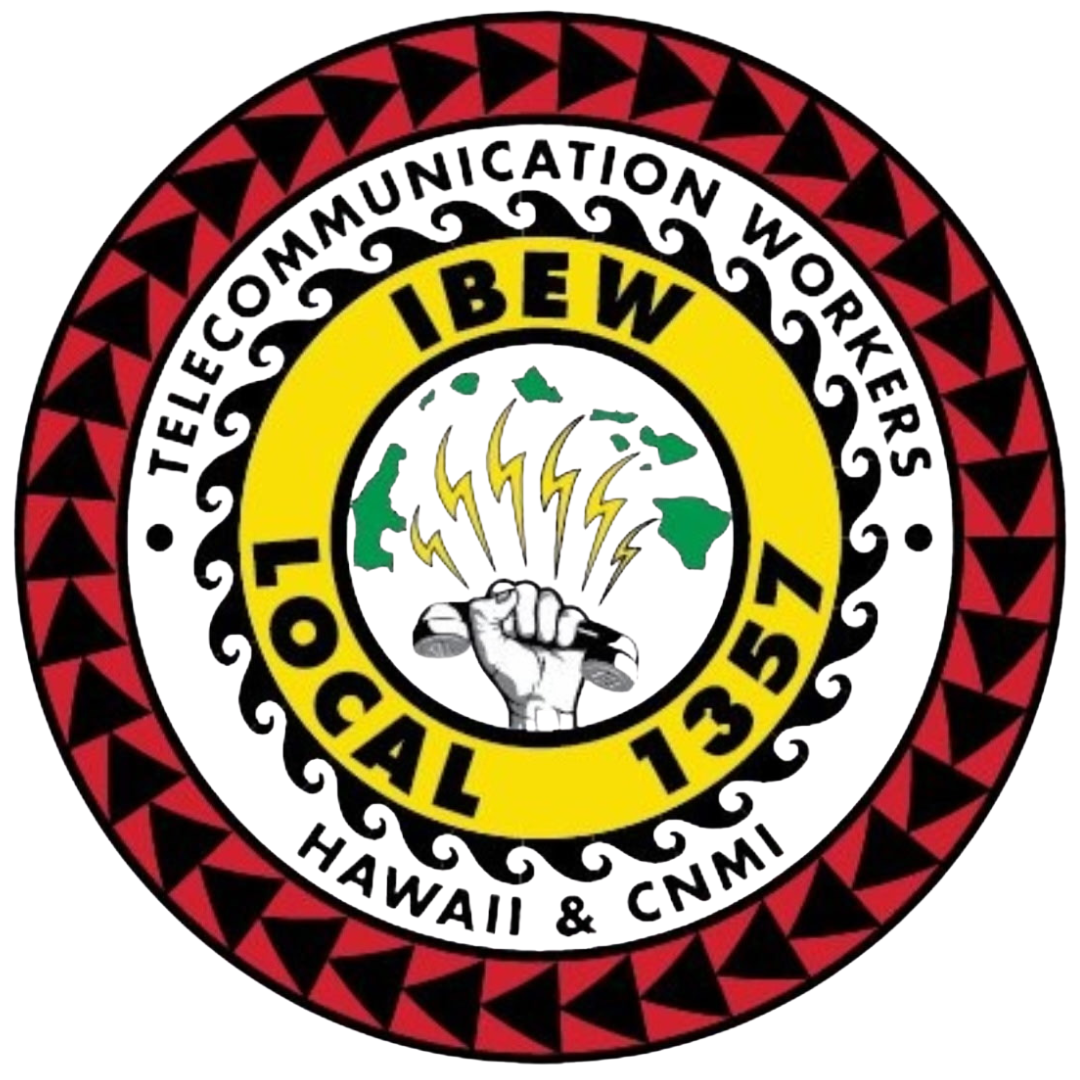 Emblem for IBEW Local 1357, representing Hawaii and CNMI, featuring a clenched fist holding a tool with lightning bolts and world map in the background, surrounded by decorative red and black triangles and the text 'Telecommunication Workers'.