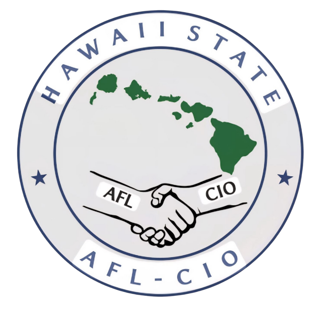 Logo with a map of the Hawaiian Islands, two hands shaking, and text 'Hawaii State AFL-CIO' around the border.