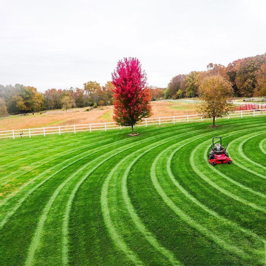 A lawn with striped grass and a red riding mower, with trees and a white fence in the background.