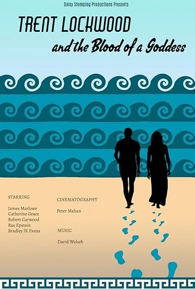Vintage movie poster for "Traint Lockwood and the Blood of a Goddess" featuring silhouettes of a man and woman walking on the beach with footprints, surrounded by waves and decorative borders.