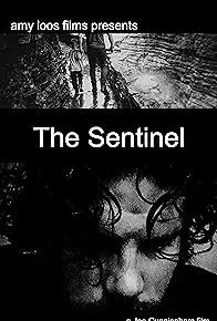 Black and white movie poster for 'The Sentinel,' featuring a close-up of a woman's face with curly hair and an image of police officers walking through a street at night.